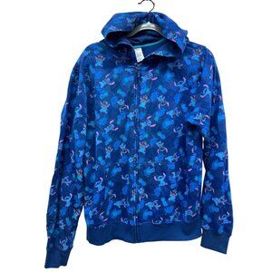 Disney Stitch Blue Zip-Up Hoodie Sz M Allover Tropical Print Cotton Blend